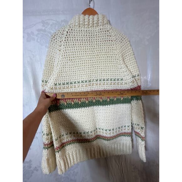 Handmade Sweater Knit Large Cream Mauve Green Striped Cozy Ski Long High Neck - Picture 7 of 8